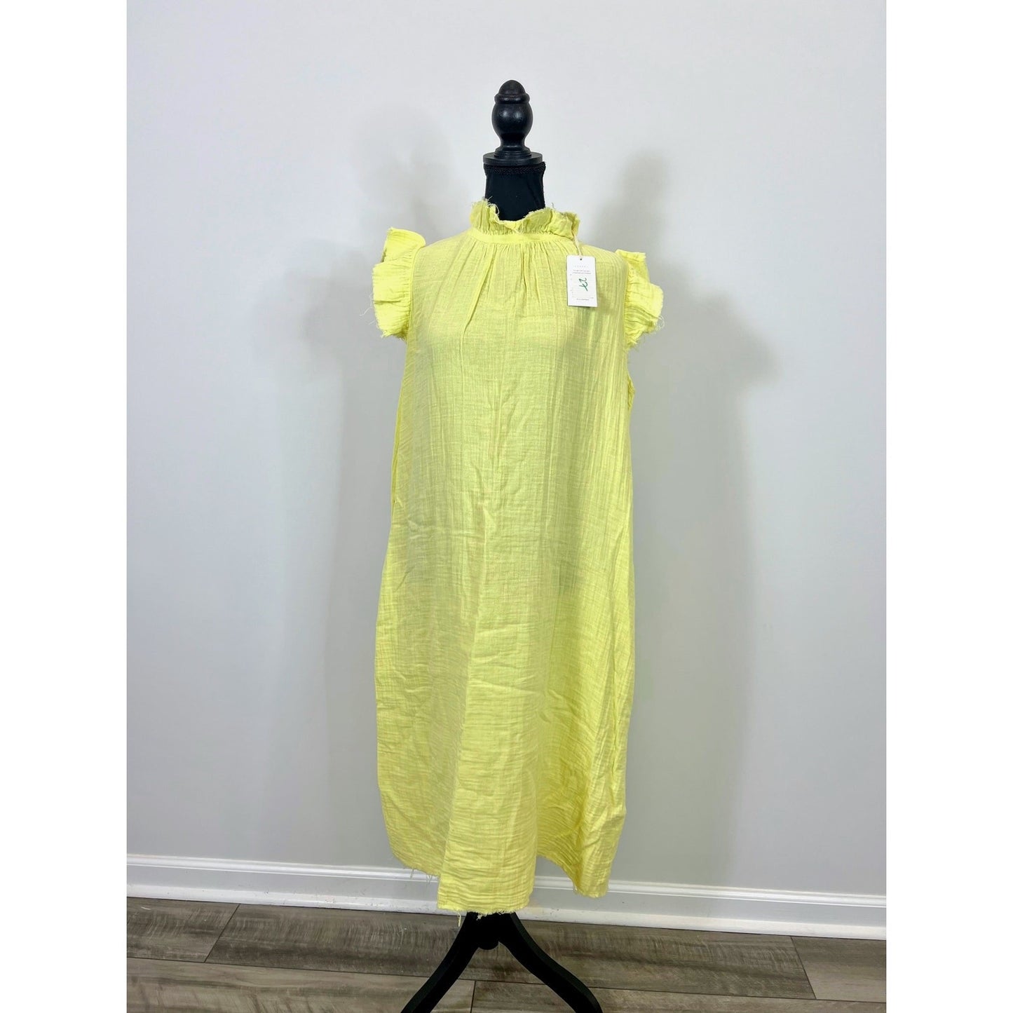 Stark X Midi Dress in Yellow Medium Ruffle Frayed Hem Linen Summer Party