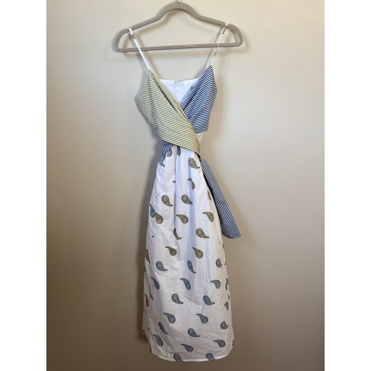 Silvia Tcherassi Mixed Print Paisley Striped Wrap Midi Dress White Blue Olive