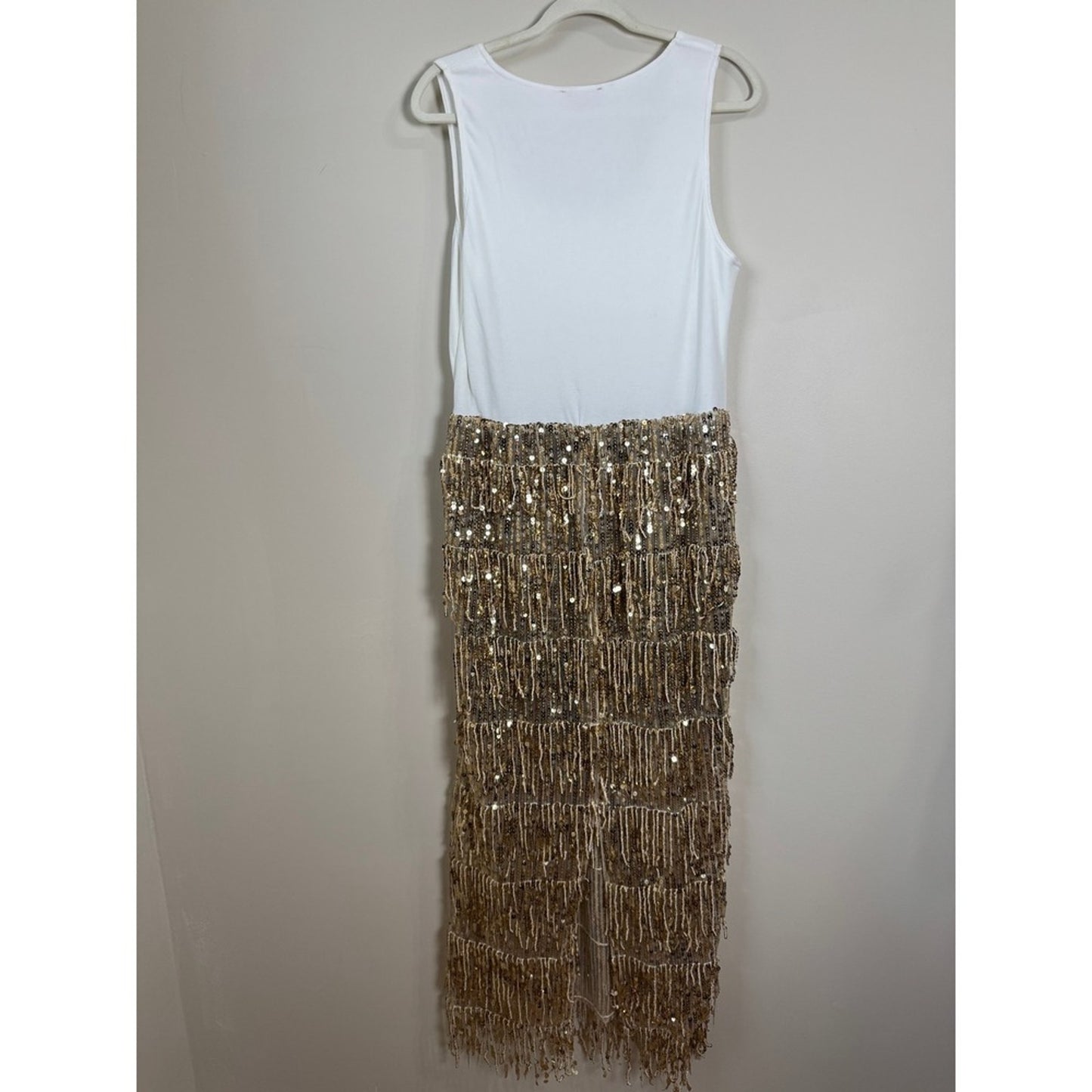 Show Me Your Mumu Sequin Fringe Maxi Dress White Gold Ribbed Tank XL Party NYE