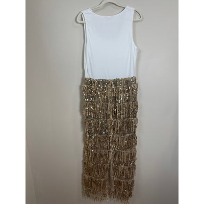 Show Me Your Mumu Sequin Fringe Maxi Dress White Gold Ribbed Tank XL Party NYE