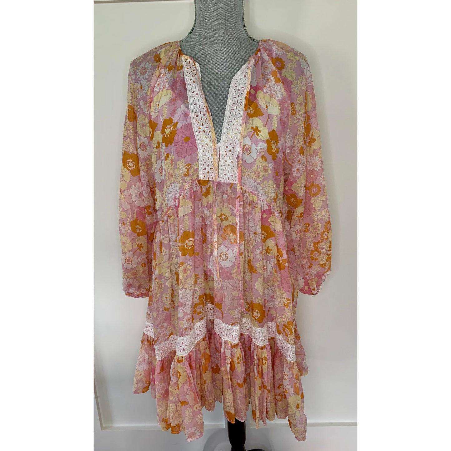 Maje Rolella Flower Power Babydoll Dress with Slip Size 38 Floral Long Sleeve