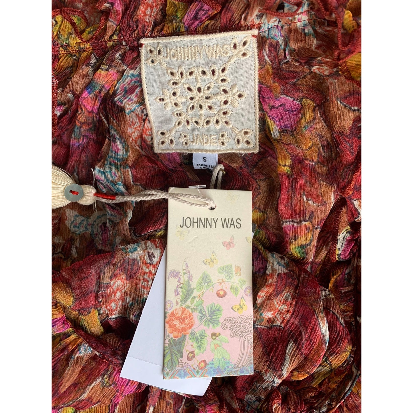 Johnny Was Daisy Mini Dress in Multi Floral Small Long Sleeve Ruffle Sheer Silk