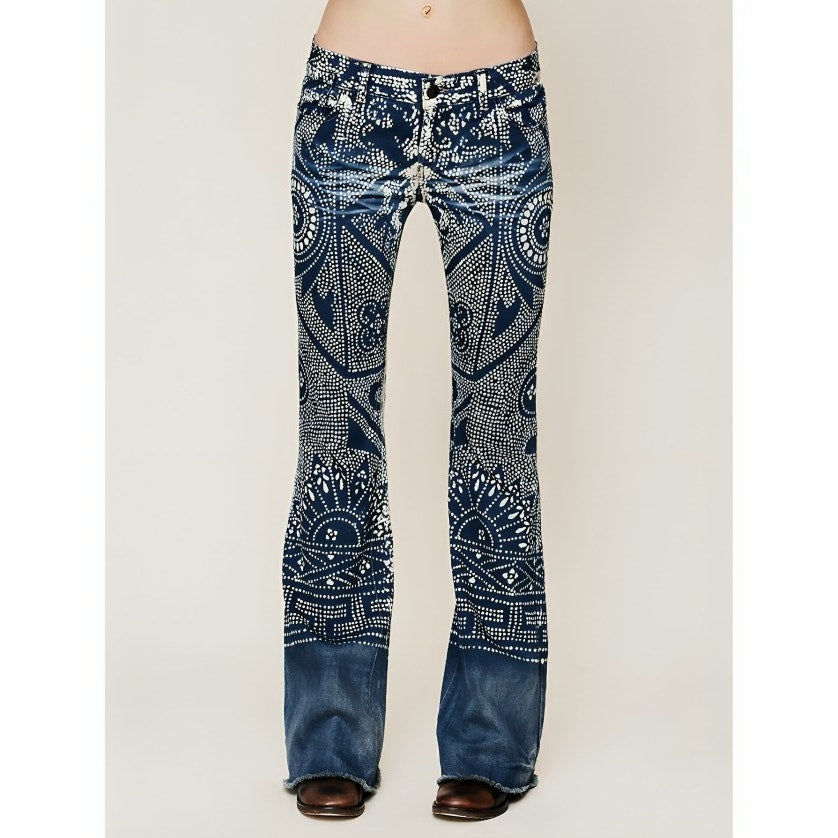 Free People Flare Bali Discharge Print Boho Bell Blue Size 31 Zip Fly Fringe