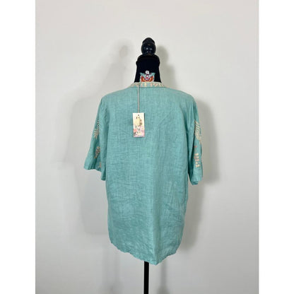 Johnny Was Sidra Top in Marine Blue Small V-Neck Embroidered Floral Linen‎ Boho