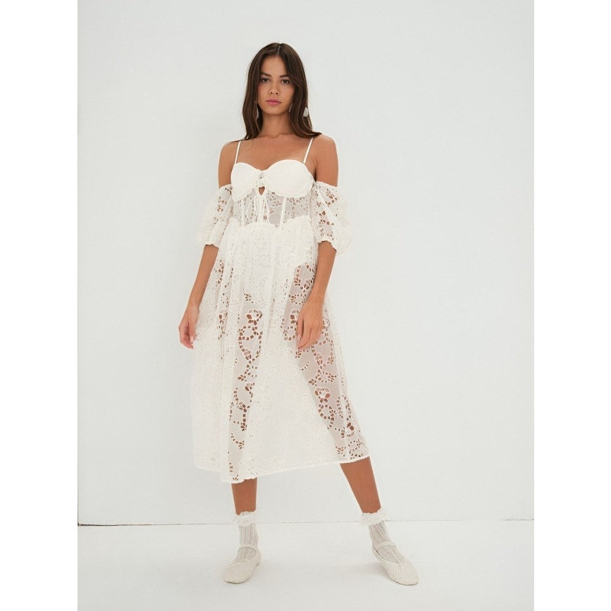 For Love & Lemons Romi Midi Dress in White Small Floral Eyelet Puff Sleeve