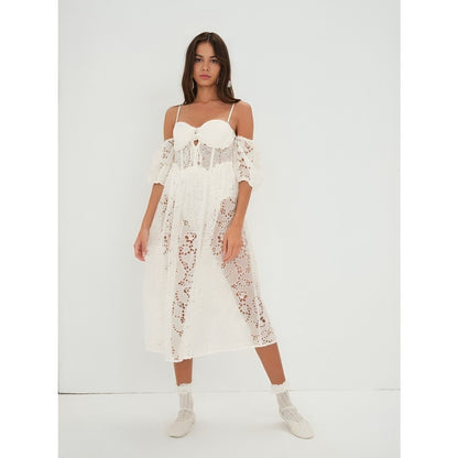 For Love & Lemons Romi Midi Dress in White Small Floral Eyelet Puff Sleeve