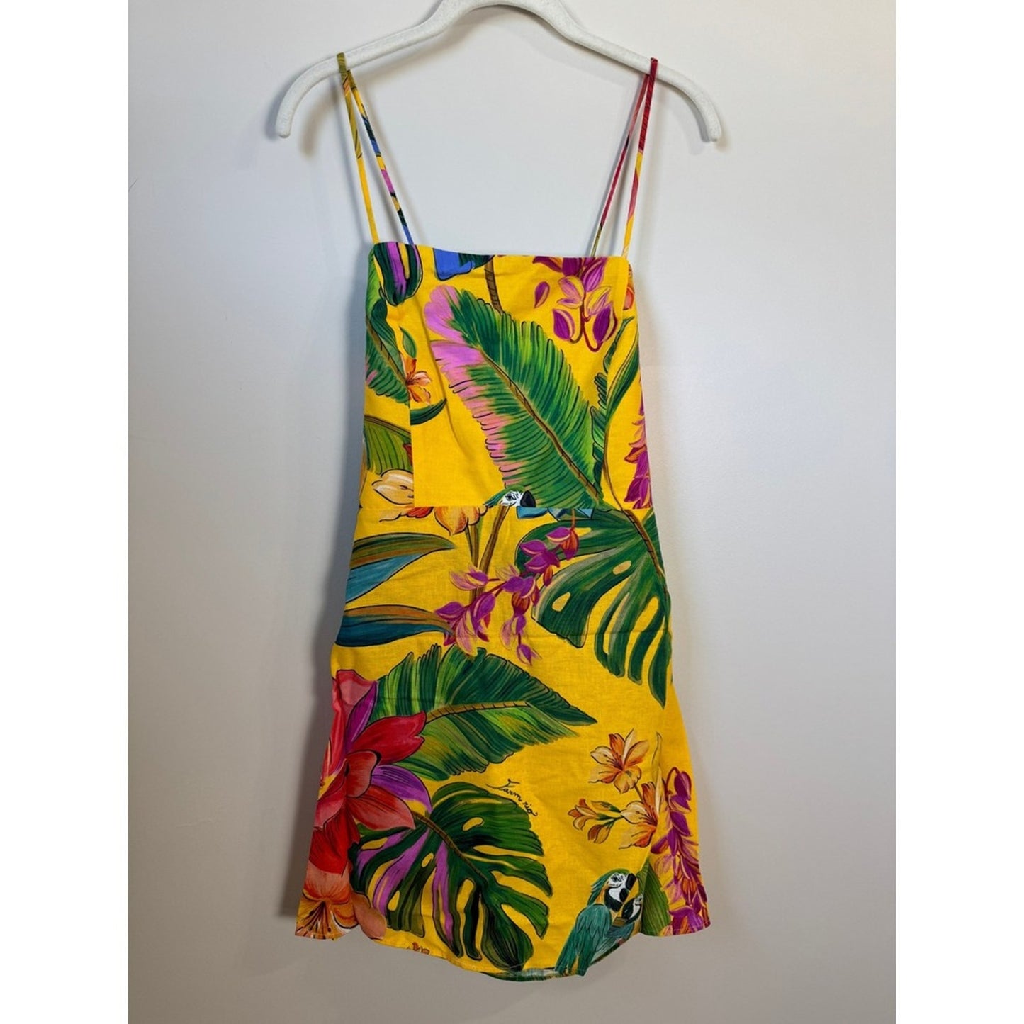 Farm Rio Yellow Tropical Parrot Linen Blend Lace Up Back Mini Dress NEW
