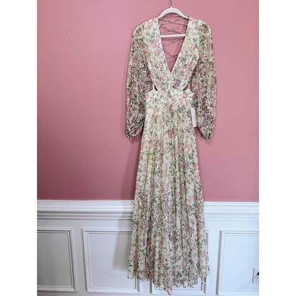 NEW NWT Mac Duggal Floral Sequined Cut Out Lace Up Gown A93746 Size 4