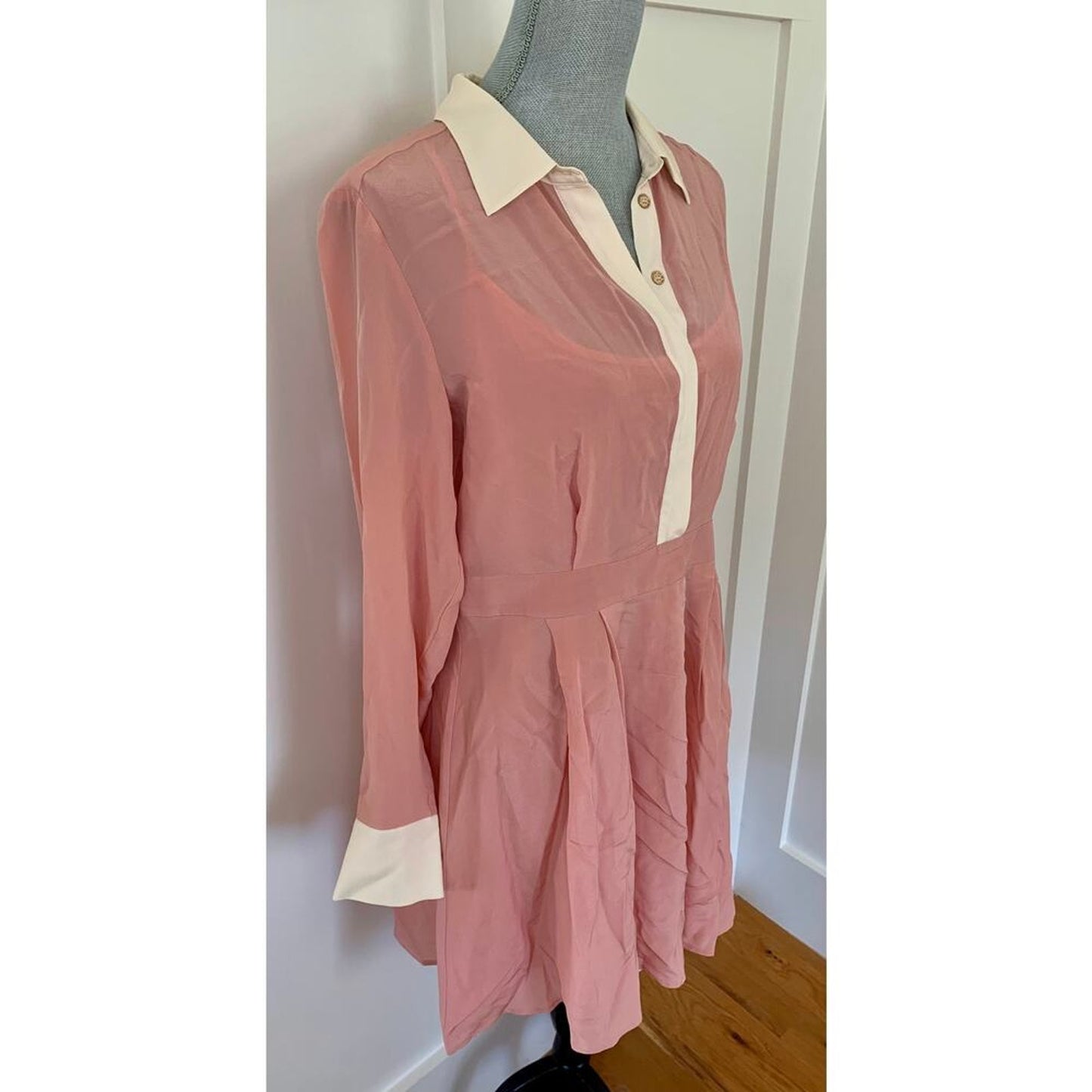 Karen Millen Colour Block Silk Satin Long Sleeve Dress Pink Size 14 Button Front