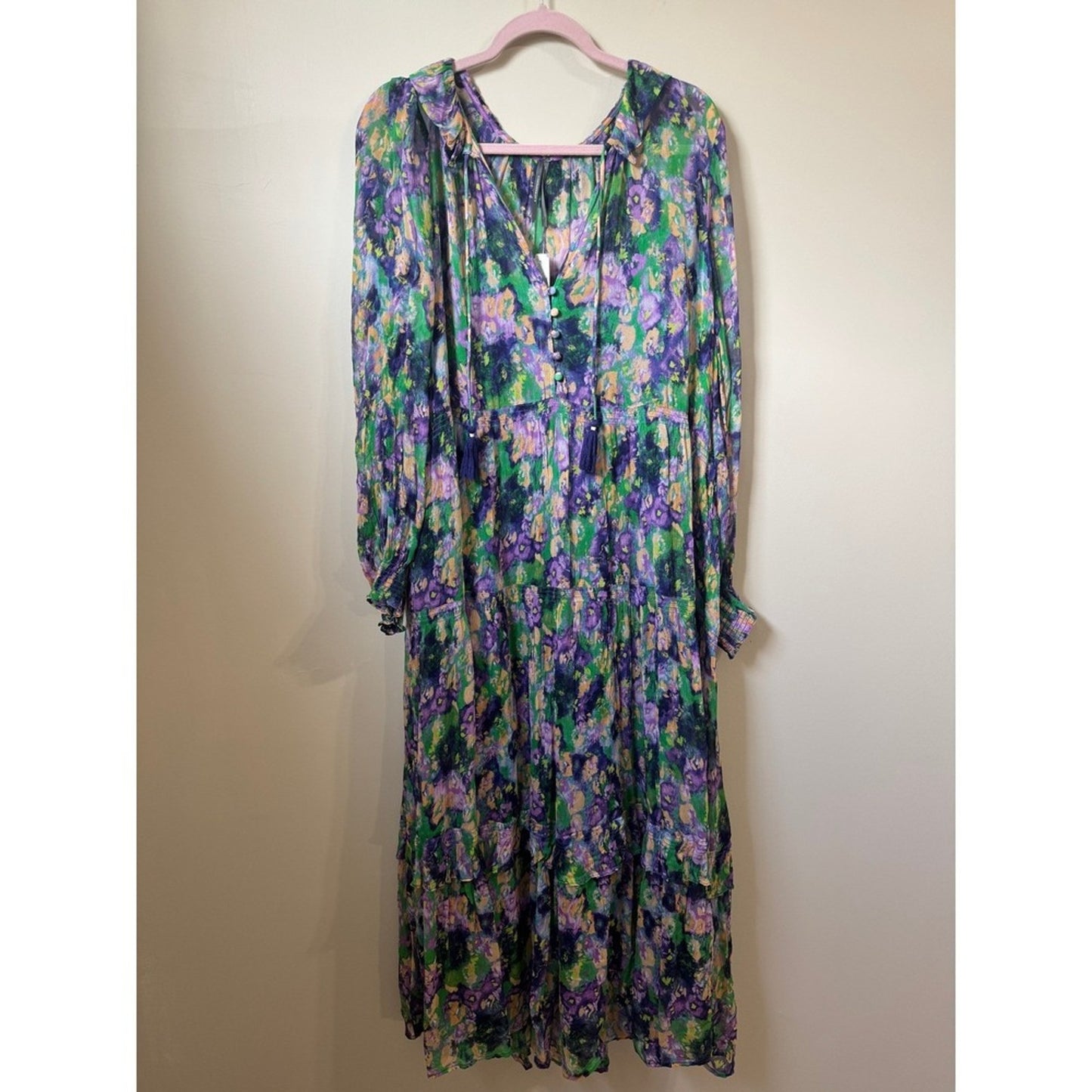 Anthropologie Tiered Floral Maxi Dress Purple Green Boho  V-Neck Long Sleeve