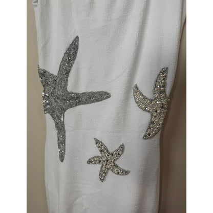 Leslie Amon White Starfish Embellished Midi Dress Silver Sequin Pearl Nautical