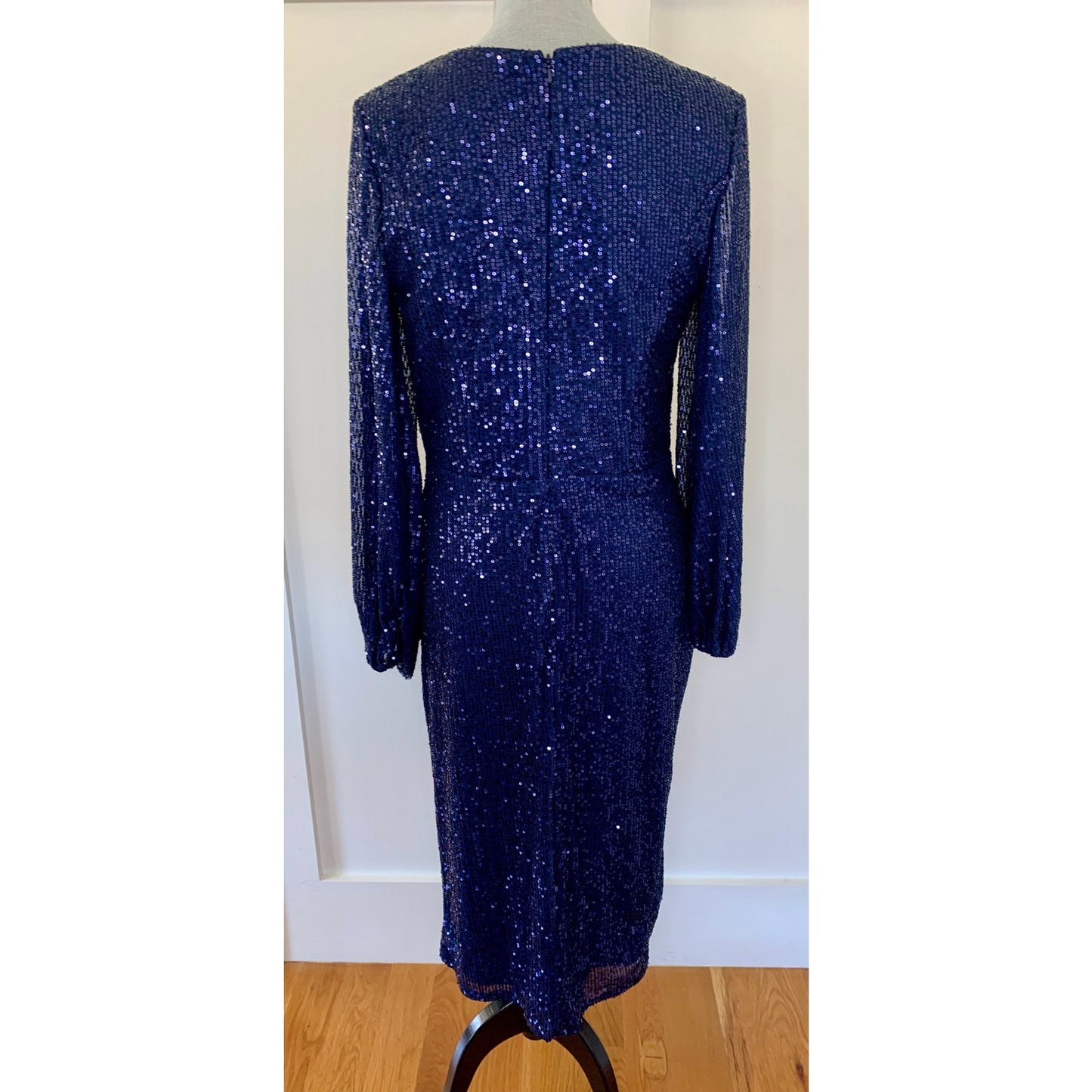 Mac Duggal Ieena Long Sleeve Sequin Midi Dress Midnight Size 10 Side Slit Lined