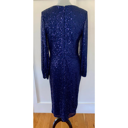Mac Duggal Ieena Long Sleeve Sequin Midi Dress Midnight Size 10 Side Slit Lined