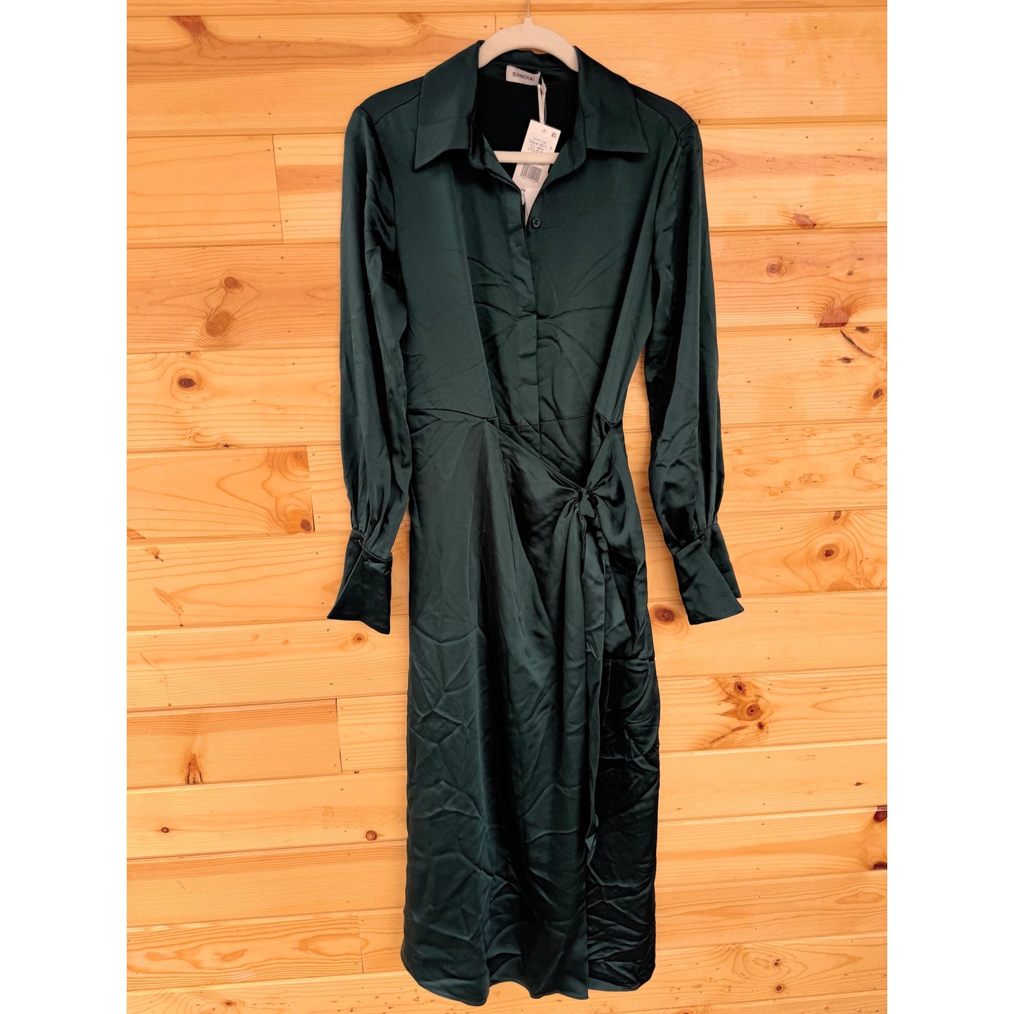 SIMKHAI Jonathon Simkhai Samba Wrap-effect Satin Midi Shirt Dress in Emerald Size 2