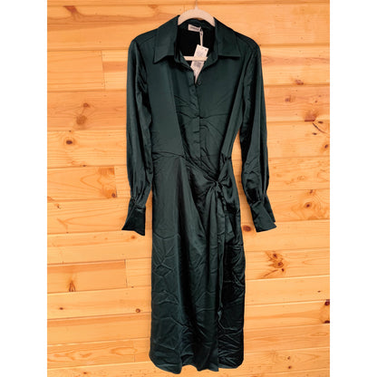 SIMKHAI Jonathon Simkhai Samba Wrap-effect Satin Midi Shirt Dress in Emerald Size 2