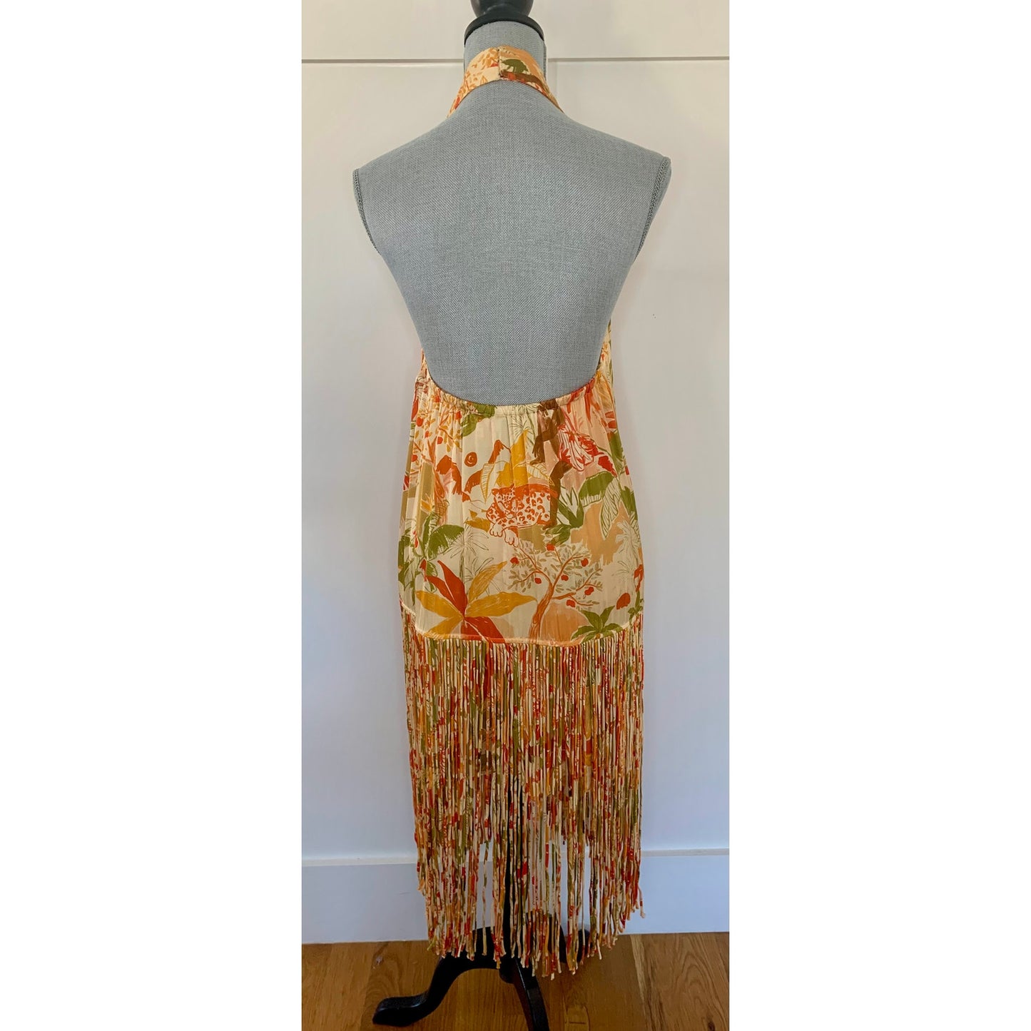 Farm Rio Leopard Forest Sand Mini Dress Multicolor Medium Halter Fringe Hem