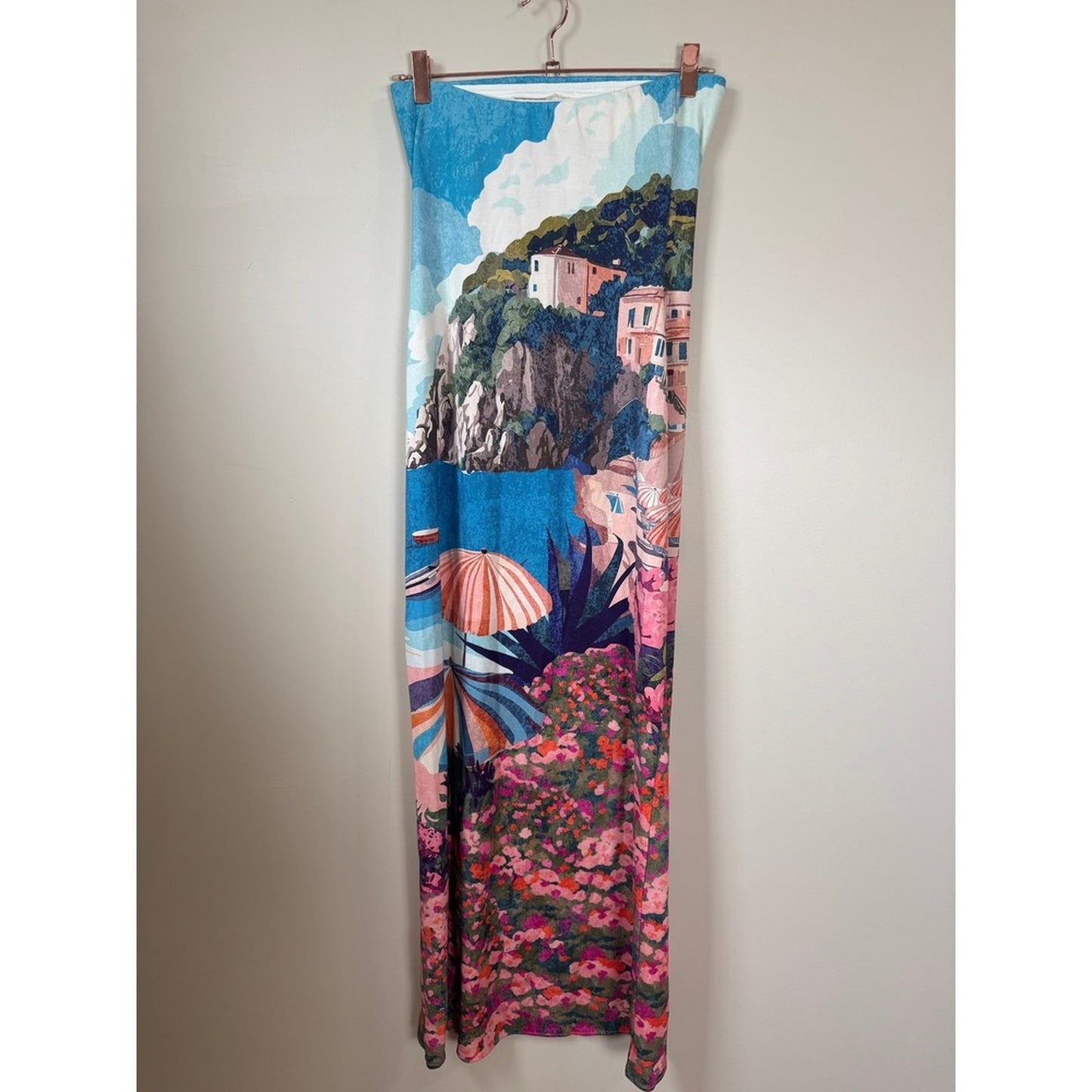Show Me Your Mumu Mediterranean Coastal Print Strapless Bodycon Maxi Dress Blue