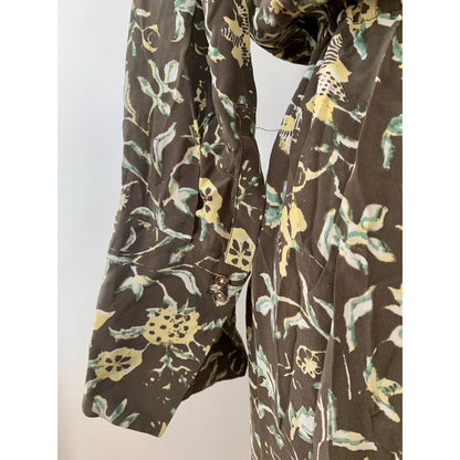 Club Monaco Midi Shirtdress in Brown Floral Medium Long Sleeve Button Front Silk