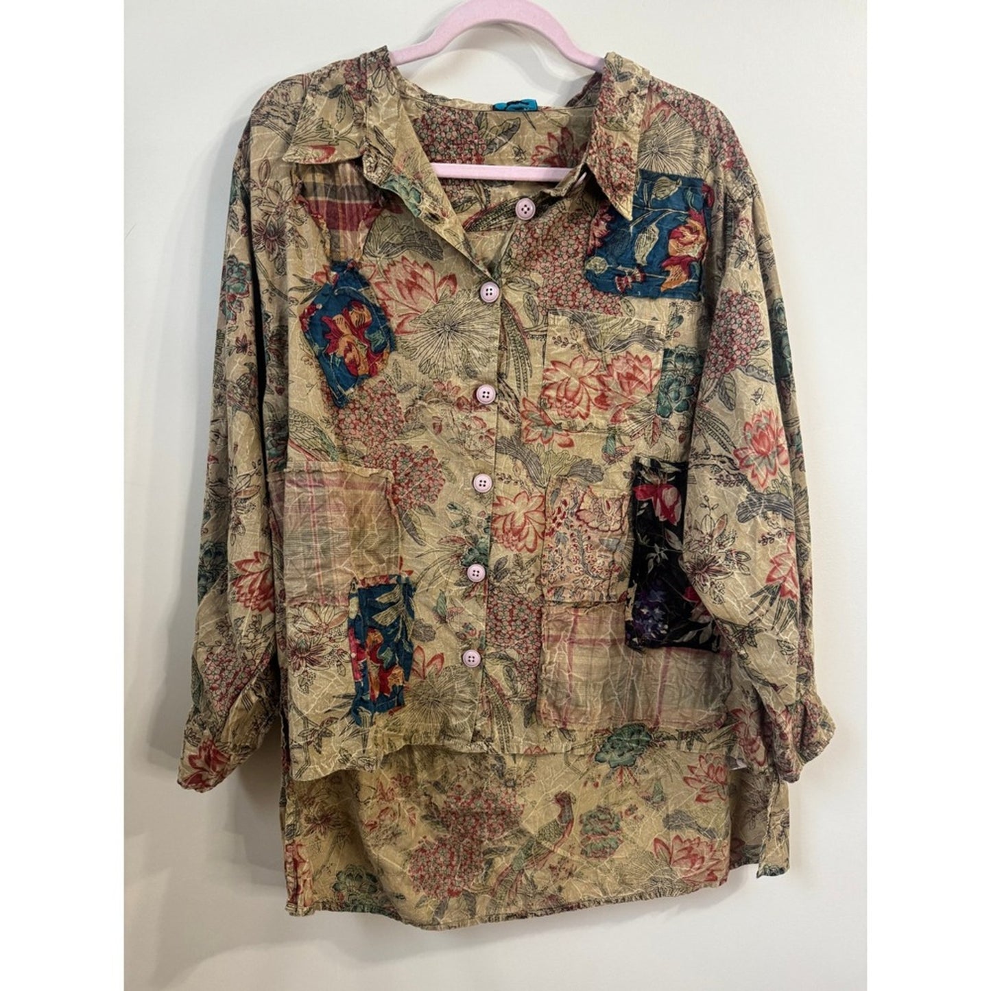 Jaded Gypsy Floral Bird Patchwork Button Down Shirt Boho Oversized Tunic Tan