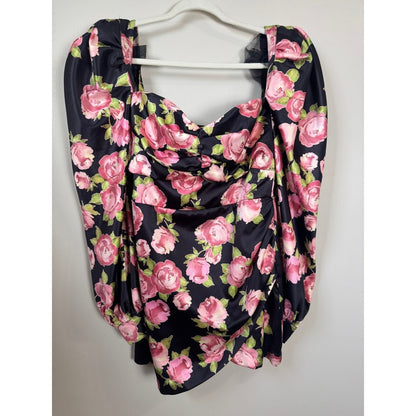 House of CB Black Pink Floral Satin Puff Sleeve Mini Dress Size L Rose Print