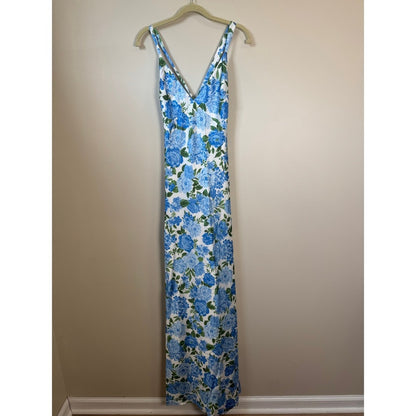 Blue Floral Satin Maxi Dress Open Back Tie High Slit Summer Wedding Guest V-Neck