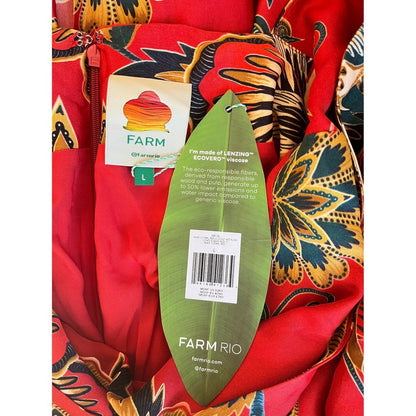 FARM Rio Maxi Dress Red Floral Print Long Sleeve Cutout Midi Size L