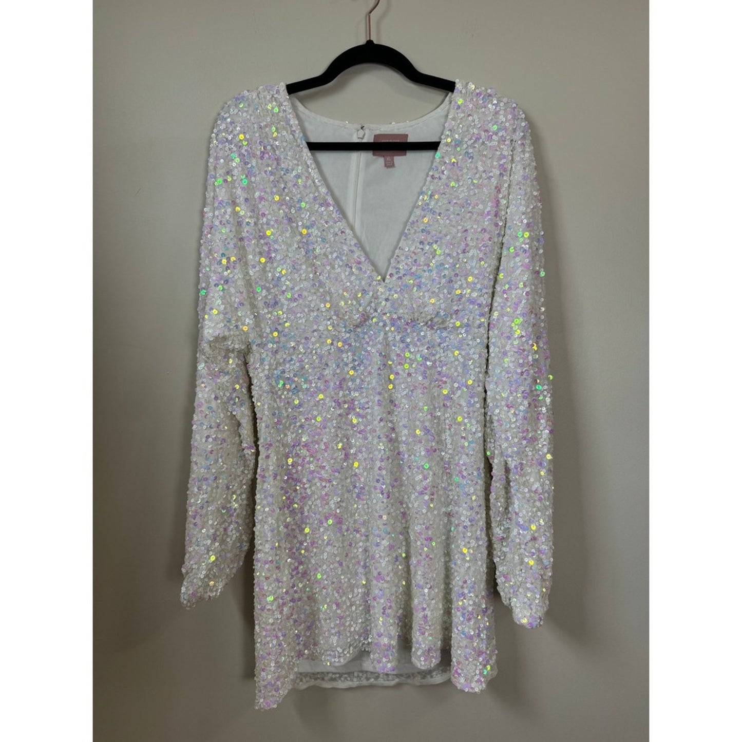 Show Me Your Mumu White Iridescent Sequin Mini Dress Long Sleeve V-Neck XL