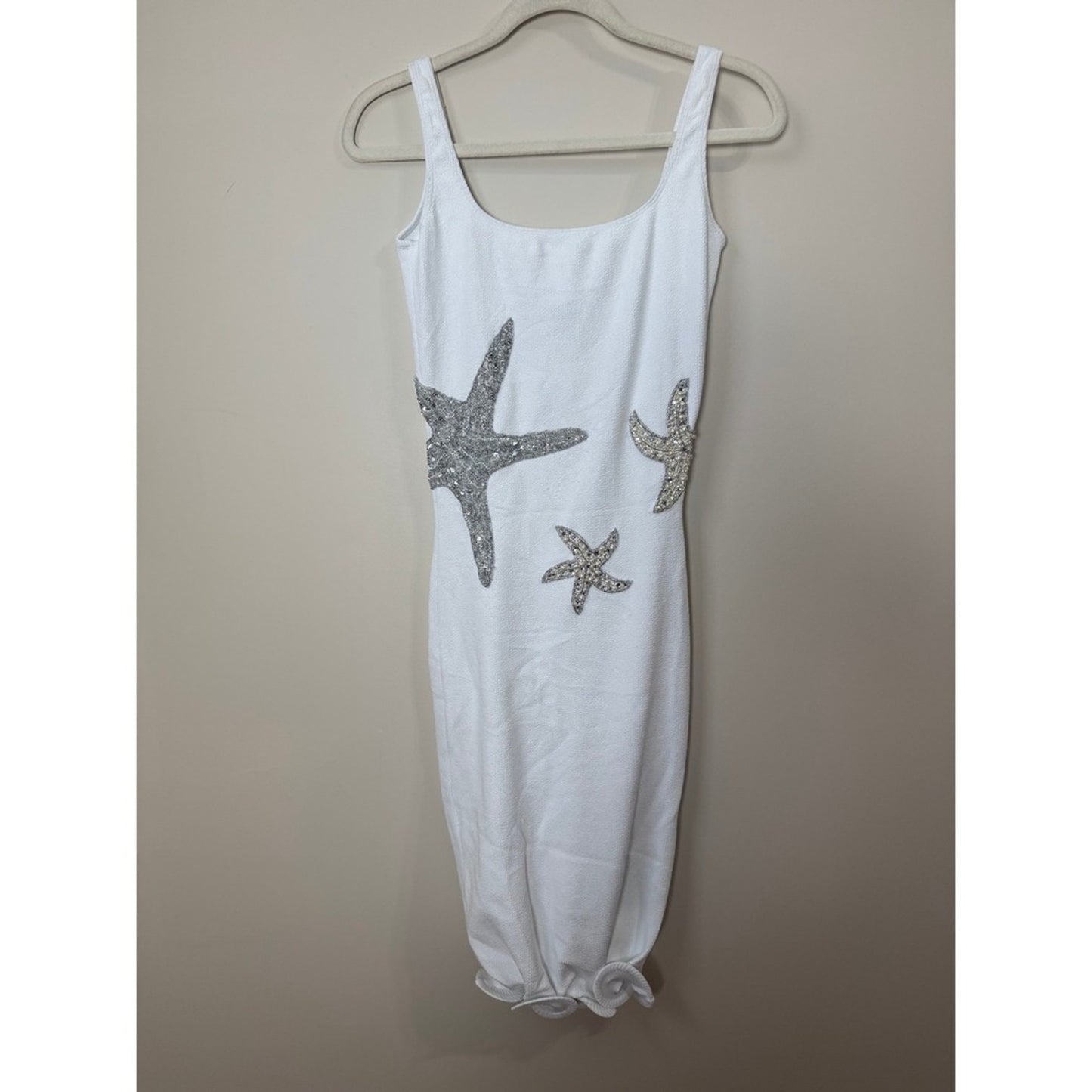 Leslie Amon White Starfish Embellished Midi Dress Silver Sequin Pearl Nautical
