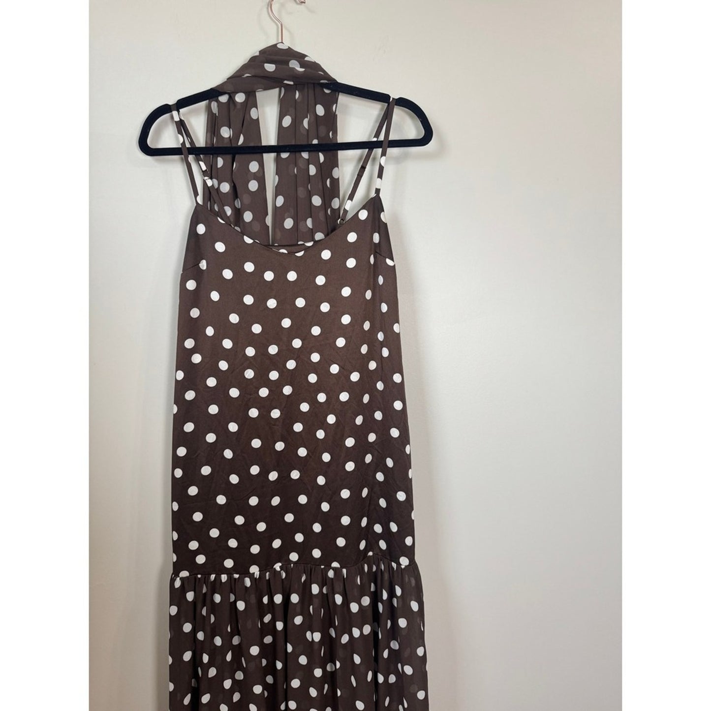Show Me Your Mumu Brown Polka Dot Maxi Dress with Scarf XS Drop Waist Tiered