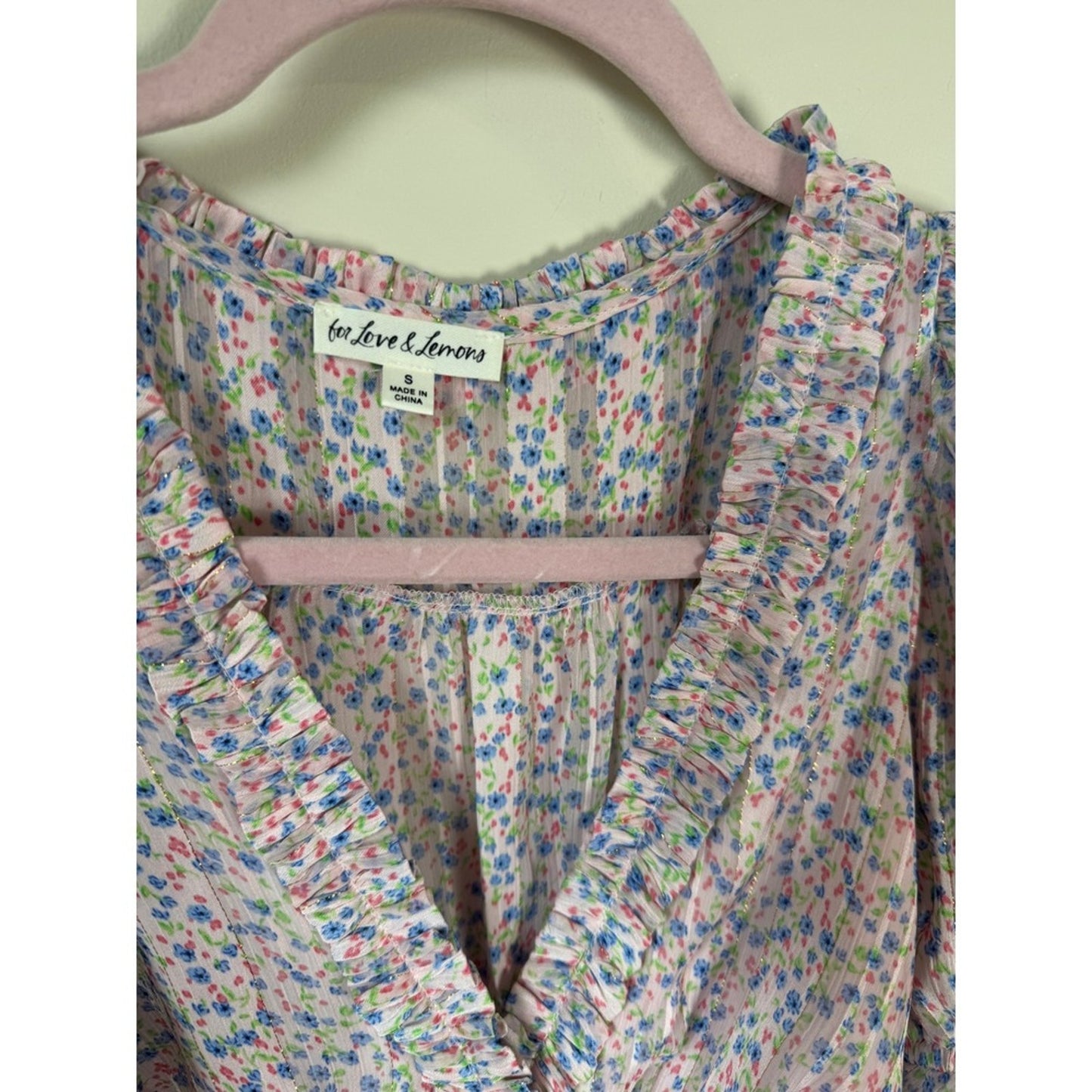 For Love & Lemons Pink Floral Cutout Mini Dress Puff Sleeve Metallic Pleat Small