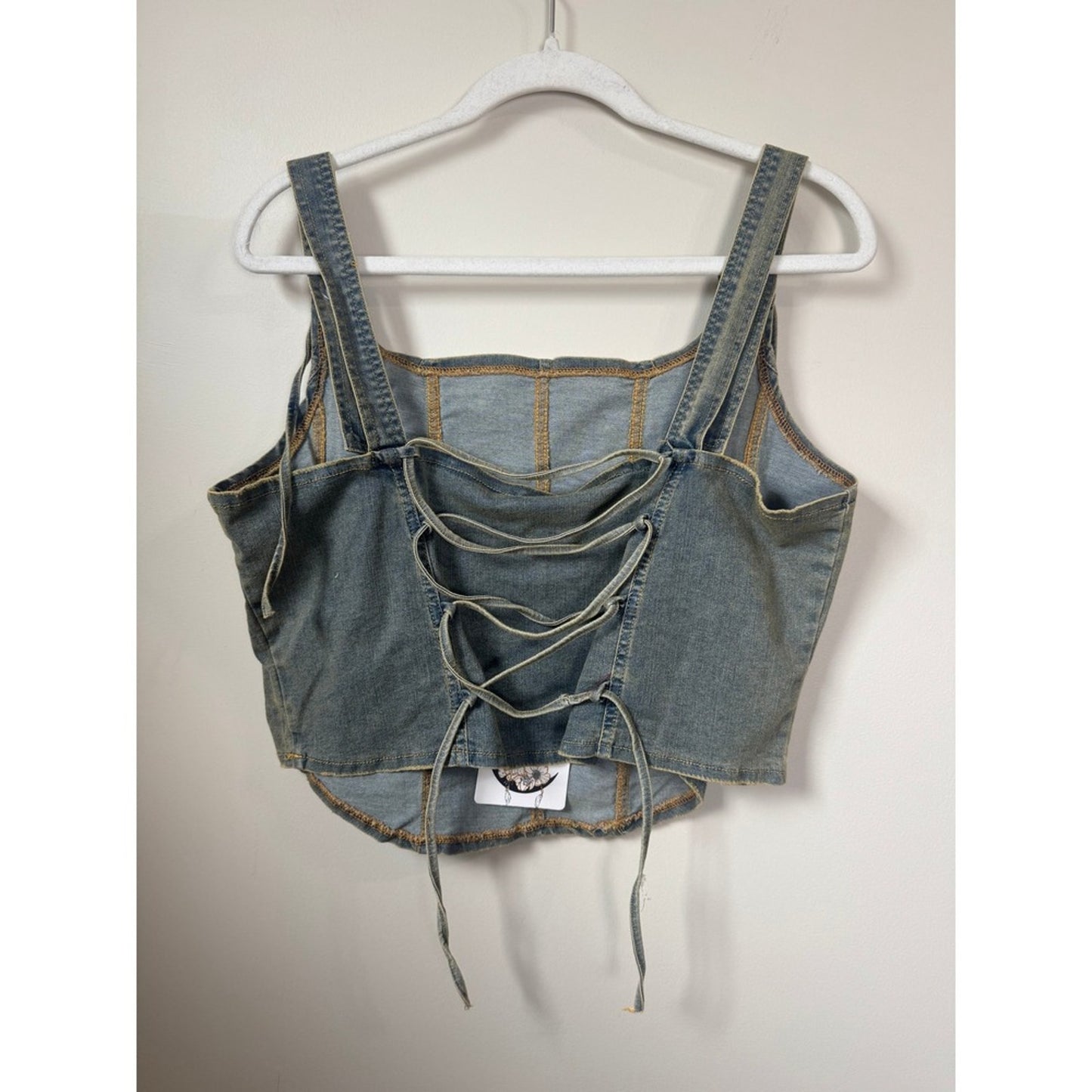 Jaded GypsyBlue Denim Corset Top Lace Up Back Tie Shoulder Straps  Bodice Boho