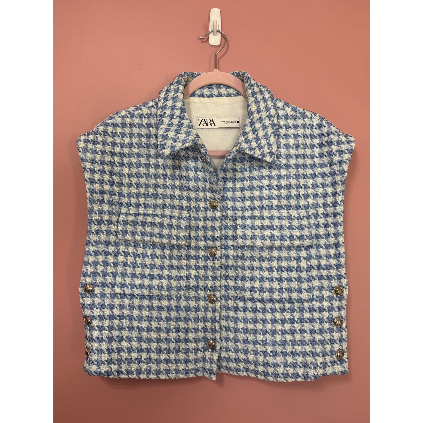NEW Zara Blogger Fave Blue Tweed Houdstooth Vest Silver Buttons Size Medium