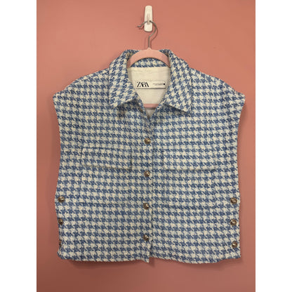 NEW Zara Blogger Fave Blue Tweed Houdstooth Vest Silver Buttons Size Medium