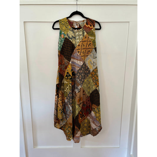 NEW NWT Jaded Gypsy Patchwork Midi Dress High Neck Gold/Brown Size S/M