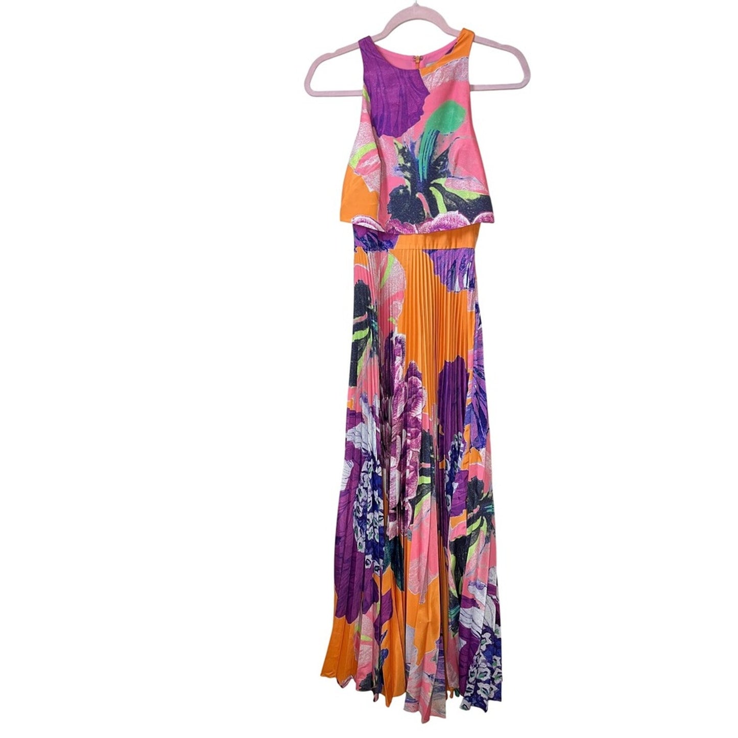 ASOS Floral Pleated Maxi Dress Orange Purple Pink Halter Neck Women's Size 2