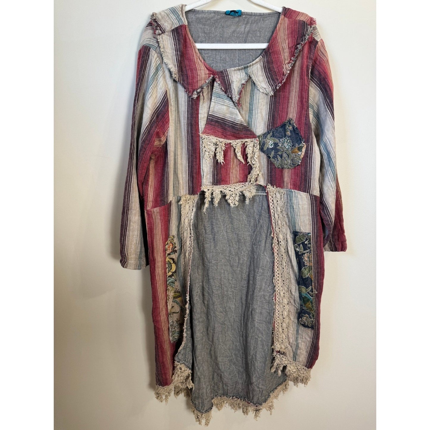 Jaded Gypsy Patchwork Striped Lace Trim Bohemian Tunic Dress Women L