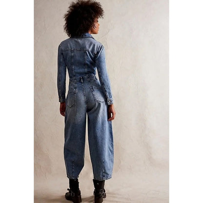 We The Free Free People Marci Denim Jumpsuit Blue Acid Wash Utility Size S