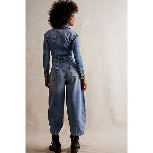 We The Free Free People Marci Denim Jumpsuit Blue Acid Wash Utility Size S