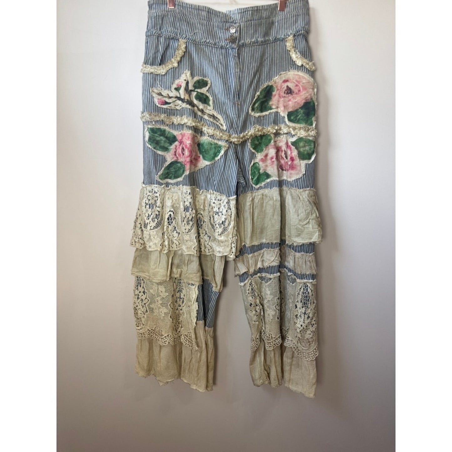 A Rare Bird Floral Applique Lace Ruffle Tiered Wide Leg Pants Blue Cream