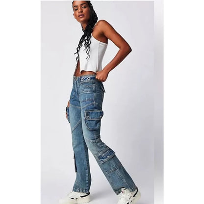 Free People Call Me Crazy Low Rise Flare Cargo Jeans Blue Size 30 Denim Pockets