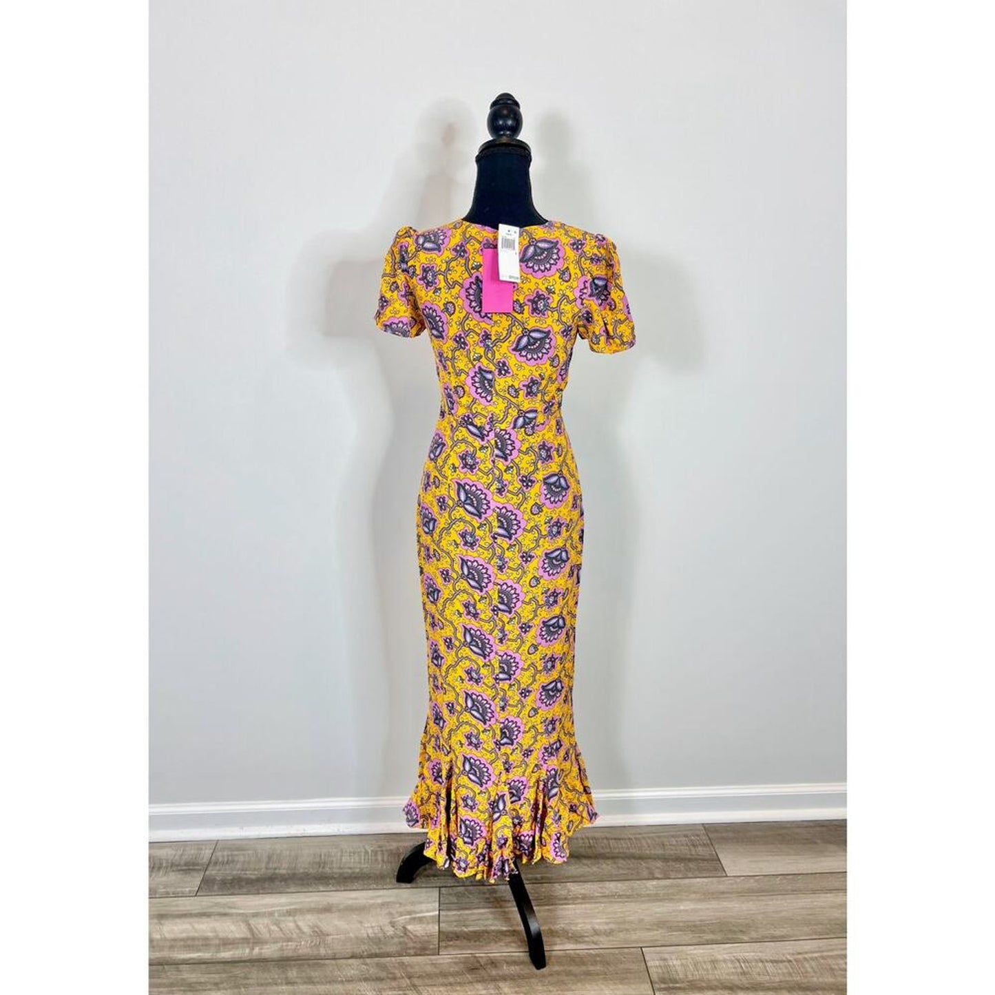 Rhode Lulani Midi Dress in Gold Lotus‎ Printed Size 0 Floral Fluted Hem Lined