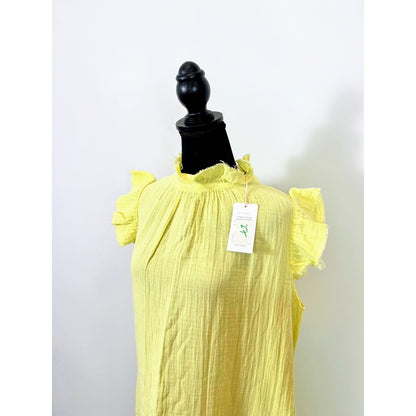 Stark X Midi Dress in Yellow Medium Ruffle Frayed Hem Linen Summer Party
