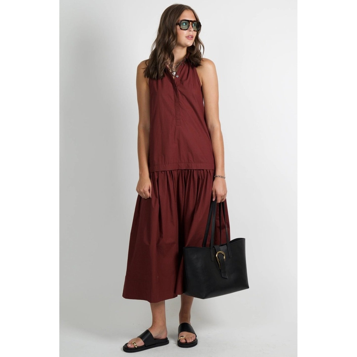 ALC Burgundy Cotton Poplin Halter Midi Dress Sleeveless Drop Waist Pocket Red M