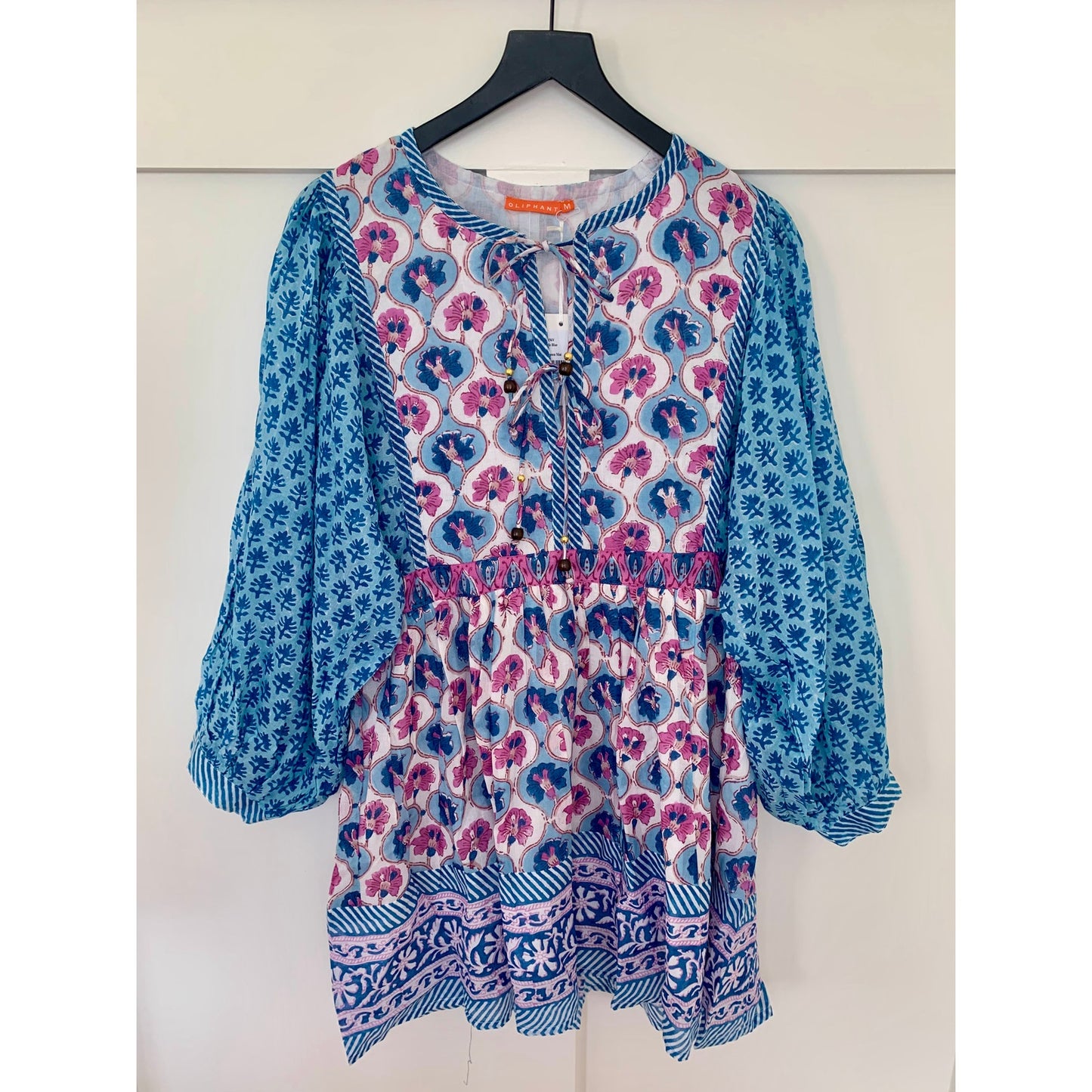 Oliphant Tie Front Balloon Mini Dress Iris Blue Medium Floral Print Long Sleeve