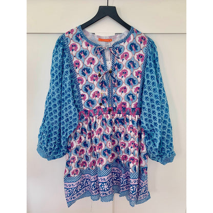 Oliphant Tie Front Balloon Mini Dress Iris Blue Medium Floral Print Long Sleeve