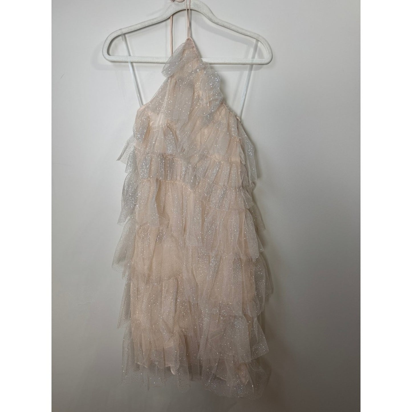 The Bar Tiered Glitter Tulle Lou Mini Dress Champagne Pink Halter Party Size 0