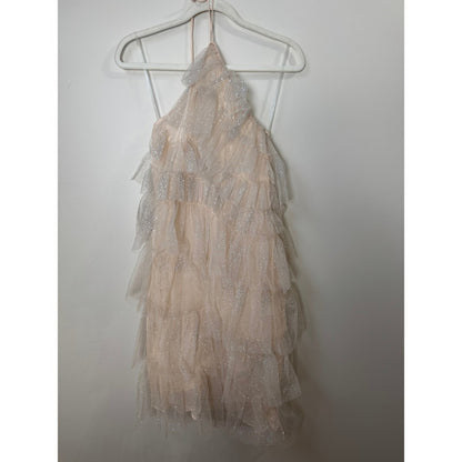 The Bar Tiered Glitter Tulle Lou Mini Dress Champagne Pink Halter Party Size 0