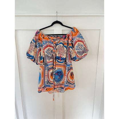 FARM Rio Off The Shoulder Puff Sleeve Mini Dress Bahia Print Button Front M