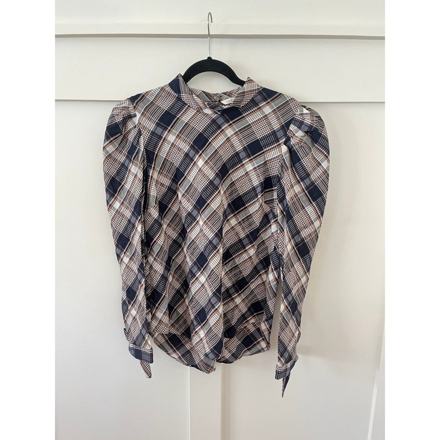 Veronica Beard Plaid Puff Sleeve Button Back Mock Neck Blouse Size 12