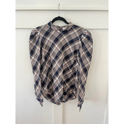 Veronica Beard Plaid Puff Sleeve Button Back Mock Neck Blouse Size 12